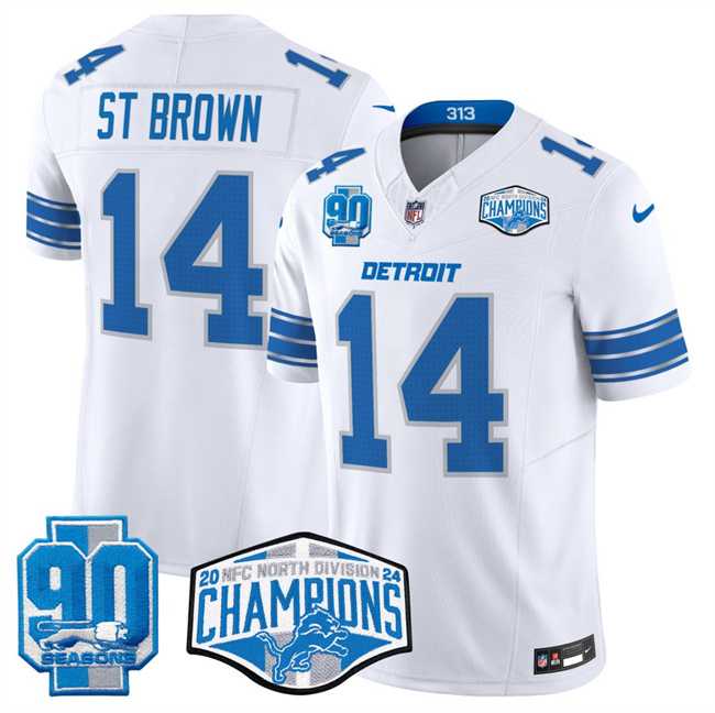 Mens Detroit Lions #14 Amon-Ra St. Brown White 2024 NFC North Champions 90th Anniversary Patch F.U.S.E. Vapor Limited Stitched Jersey